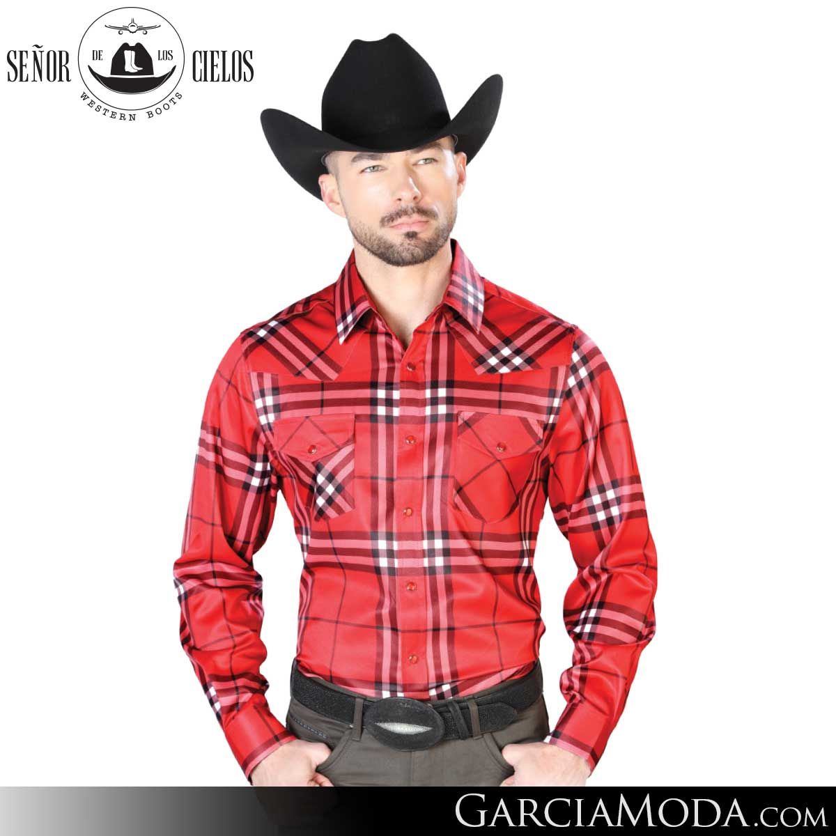 Camisa Vaquera Manga Larga Estampada Cuadros Rojo/Blanco para Hombre 'El  Señor de los Cielos' - ID: 42045